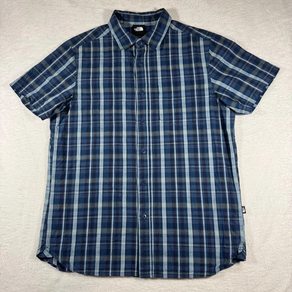 The North Face Button Up Shirt Mens M Blue Plaid Short Sleeve‎ Pocket